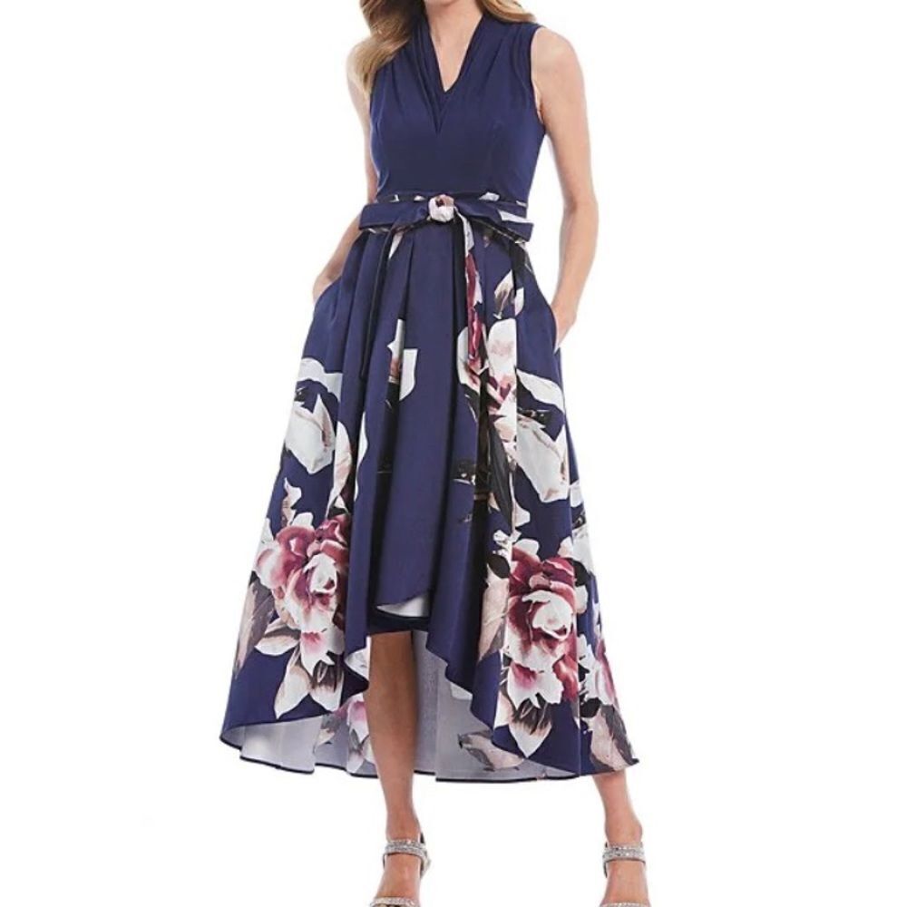 Floral Print Mikado Tie Waist V-Neck Sleeveless High-Low Midi Dress